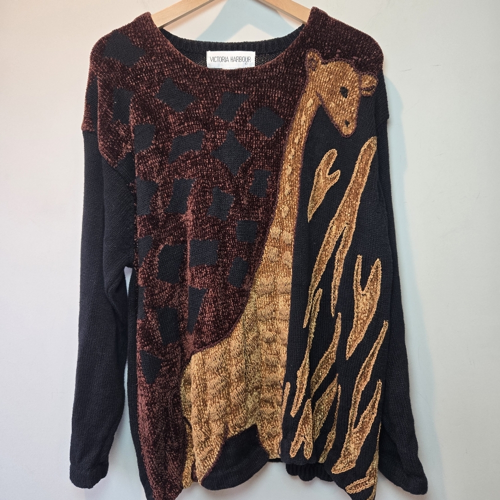Vintage Victoria Harbour Sweater Giraffe Patterned Ramie Cotton Safari  XL Women